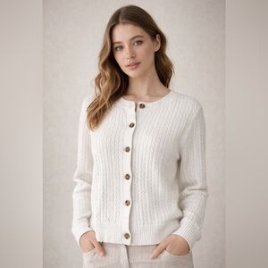 Echo & Ember White Cable Knit Cardigan Sweater L Button Front Preppy Cottegecore